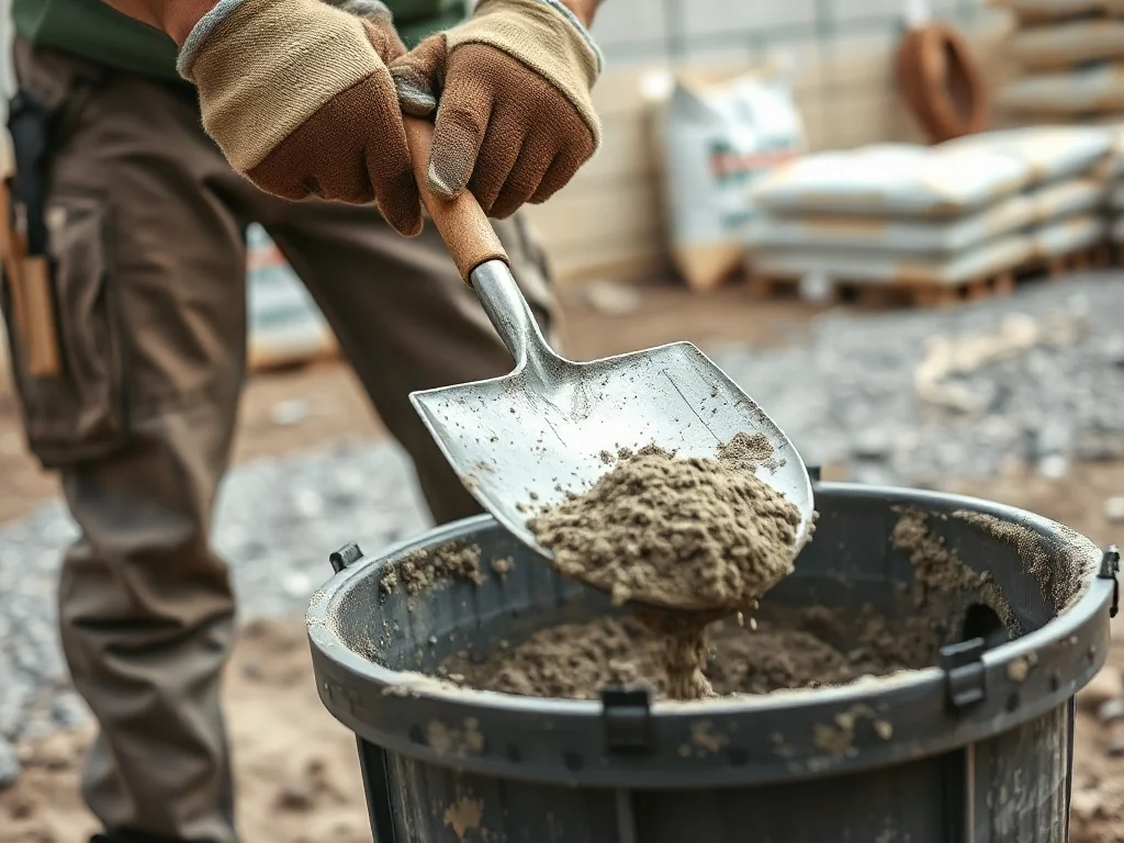 Pracownik budowlany miesza suchy beton w plastikowym pojemniku za pomocą metalowej łopaty.