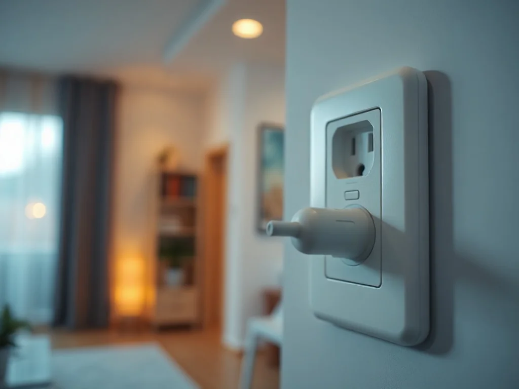 Zbliżenie na nowoczesne gniazdko elektryczne z wpiętą wtyczką w przytulnym, domowym wnętrzu.